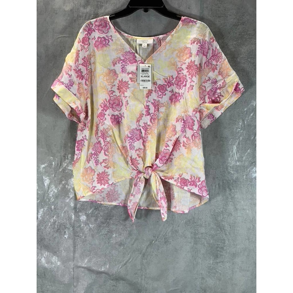 Charter Club Women's Bright White Combo Floral-Print Linen Tie-Front Top SZ XL